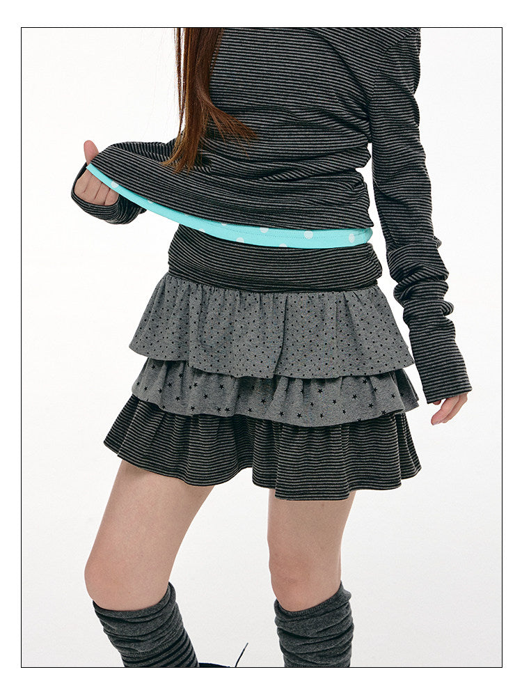 Charcoal Dot & Star Tiered Ruffle Mini Skirt