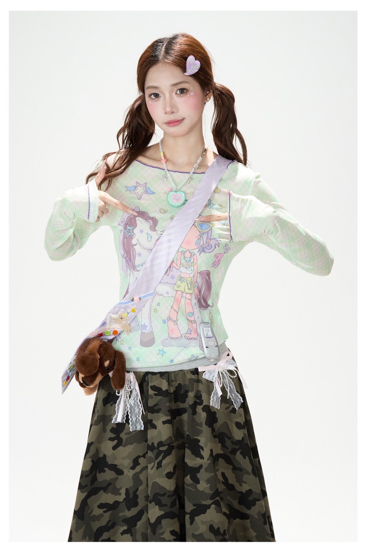 Pastel Anime Plaid Long Sleeve Top & Camo Lace-Trim Midi Skirt
