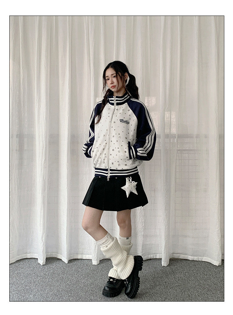 Star Print Contrast Zip-Up Track Jacket