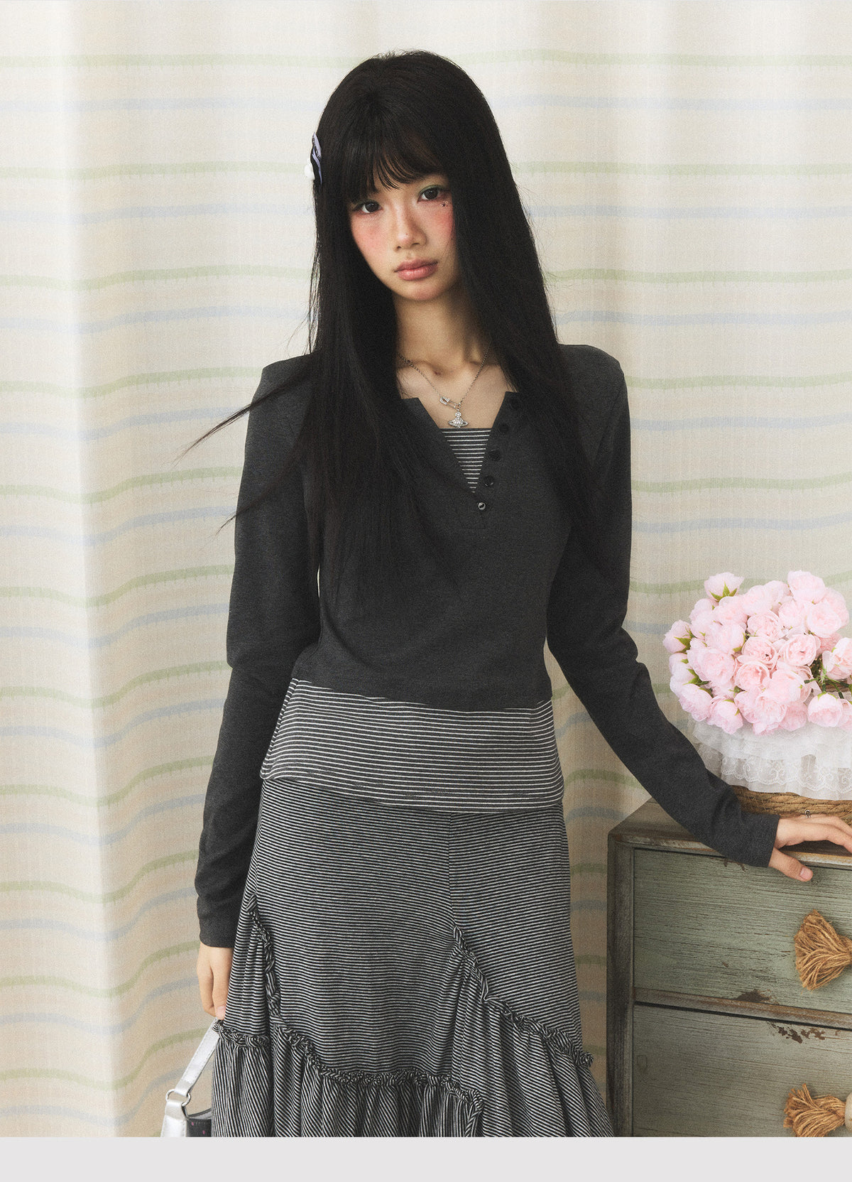 Striped Faux-Layer Halter Long Sleeve Top