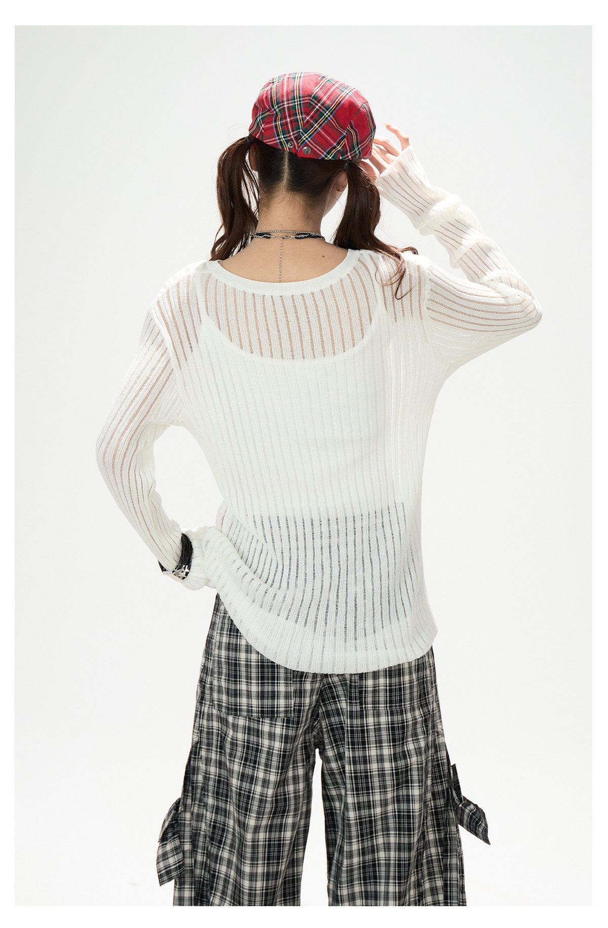 Dalmatian Sheer Knit Top & Black Plaid Ruffle Pants