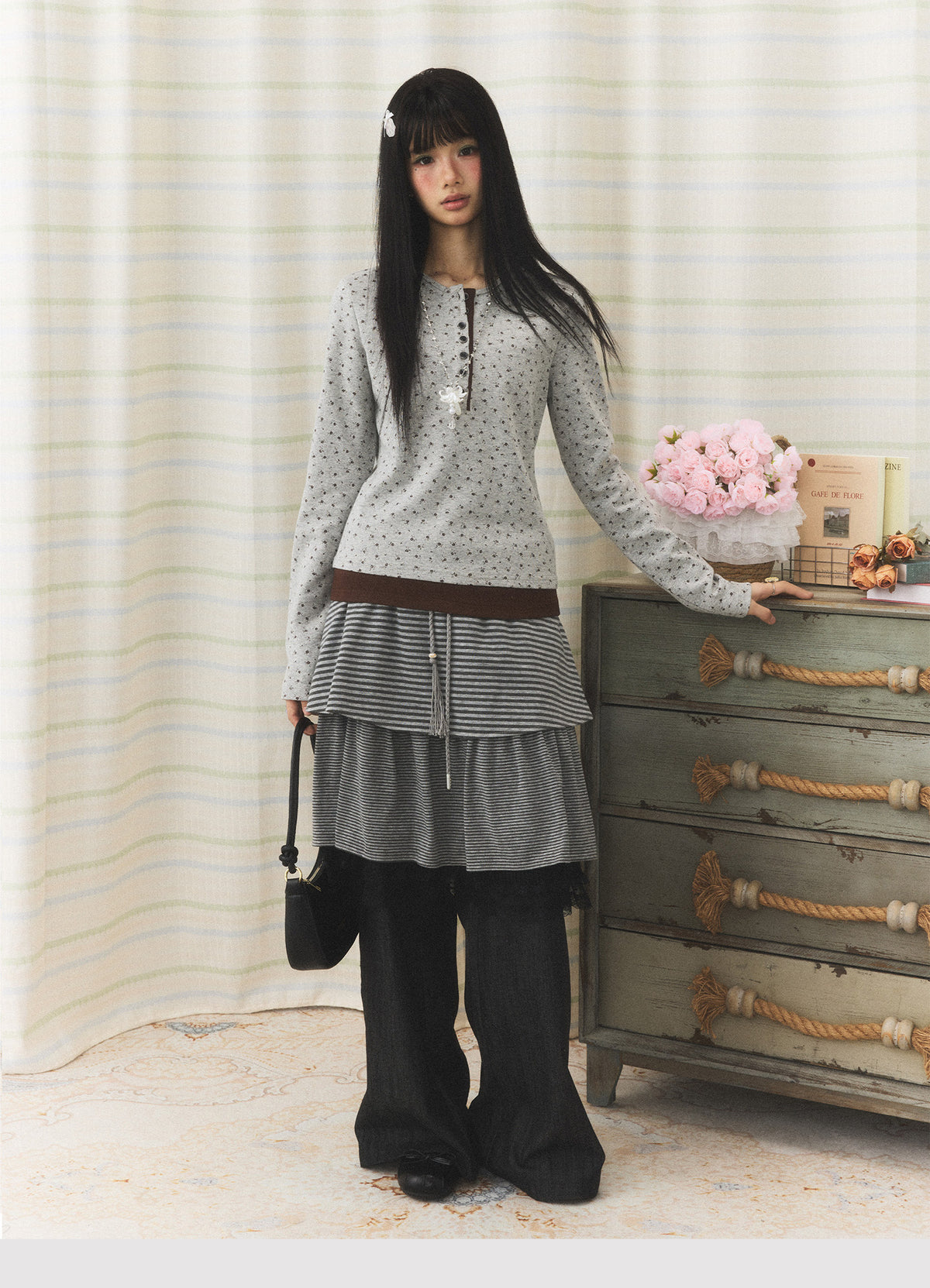 Floral Henley Faux-Layer Long Sleeve Top