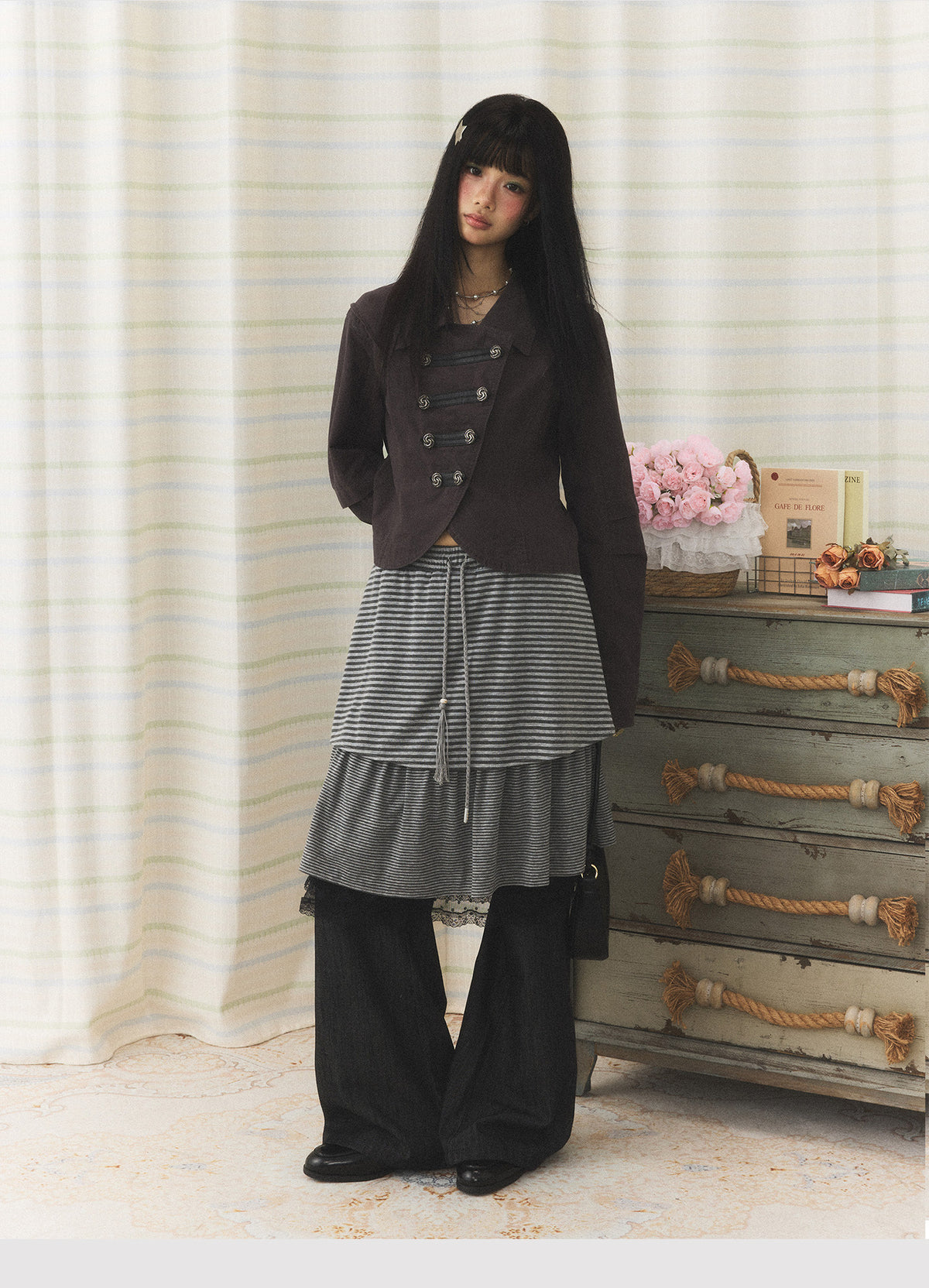 Striped Layered Skirt Wide-Leg Pants