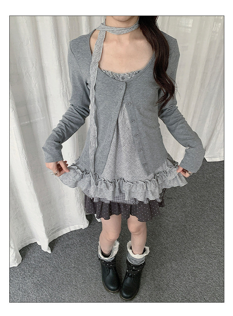 Ruffle Cami & Soft Cardigan Two-Piece Layered Top Set