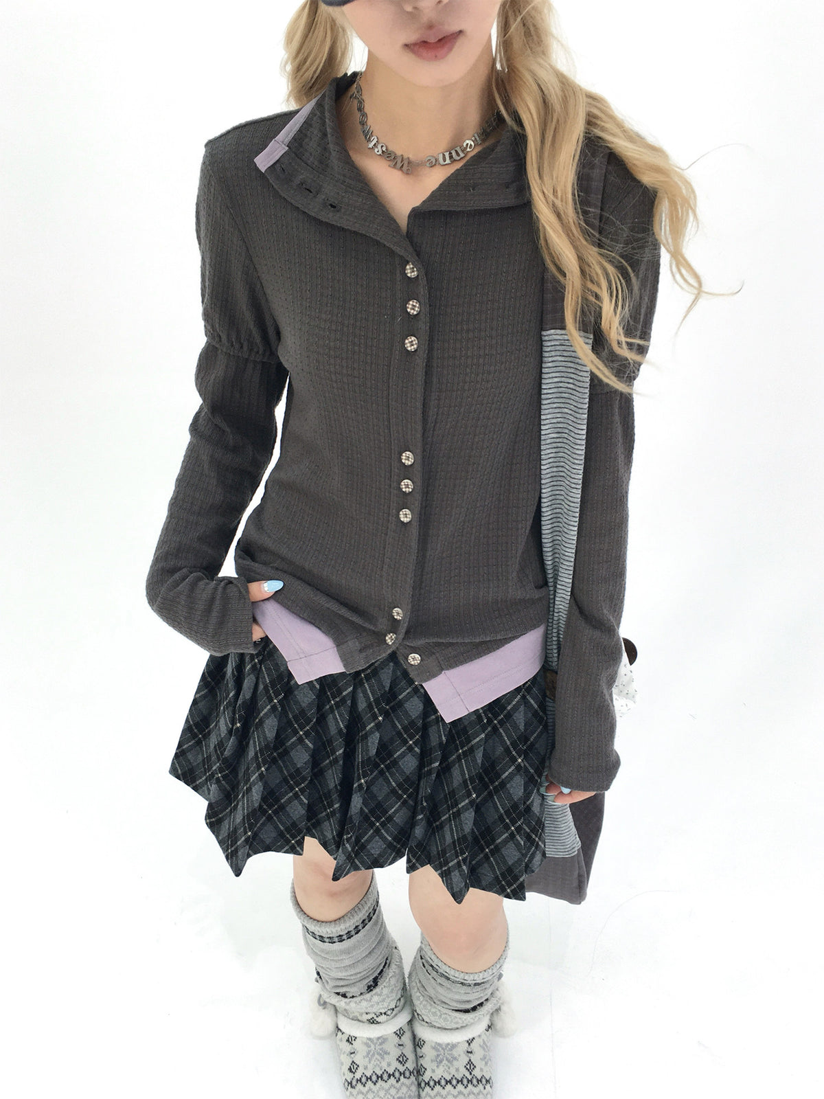 Charcoal Plaid Pleated A-Line Mini Skirt