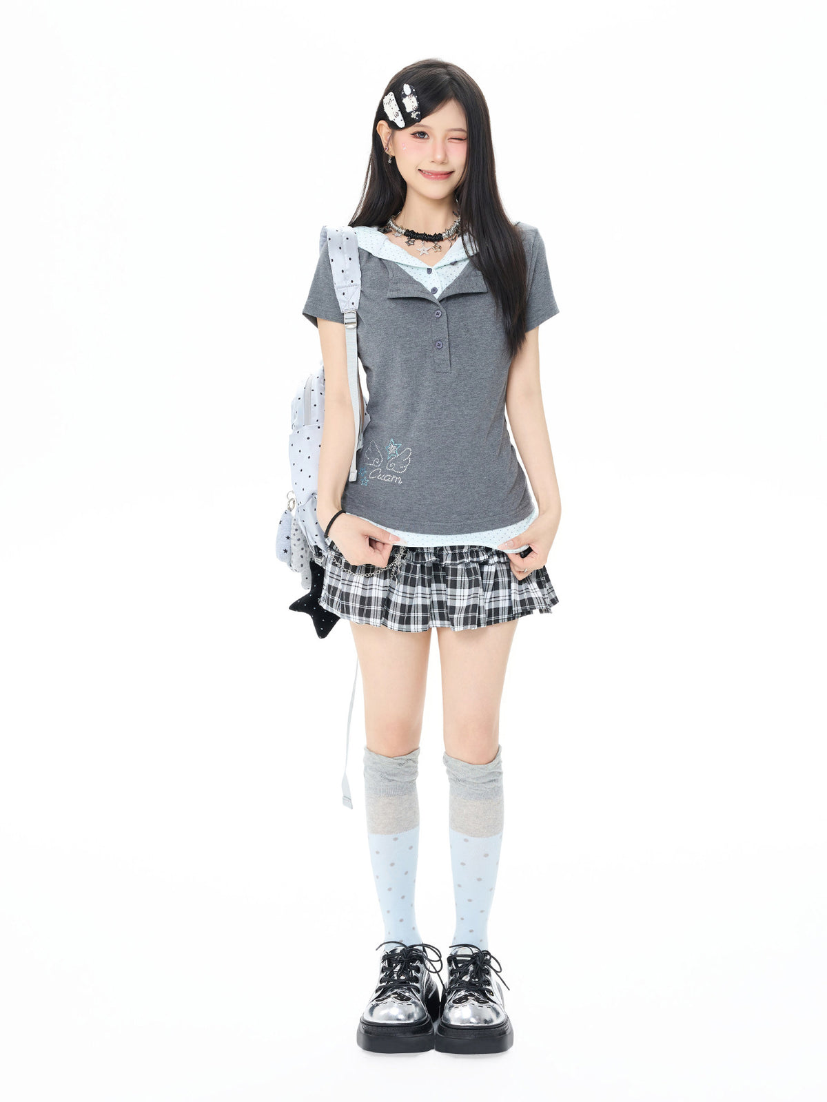 Starry Rhinestone Polka Dot Layered Hood Tee