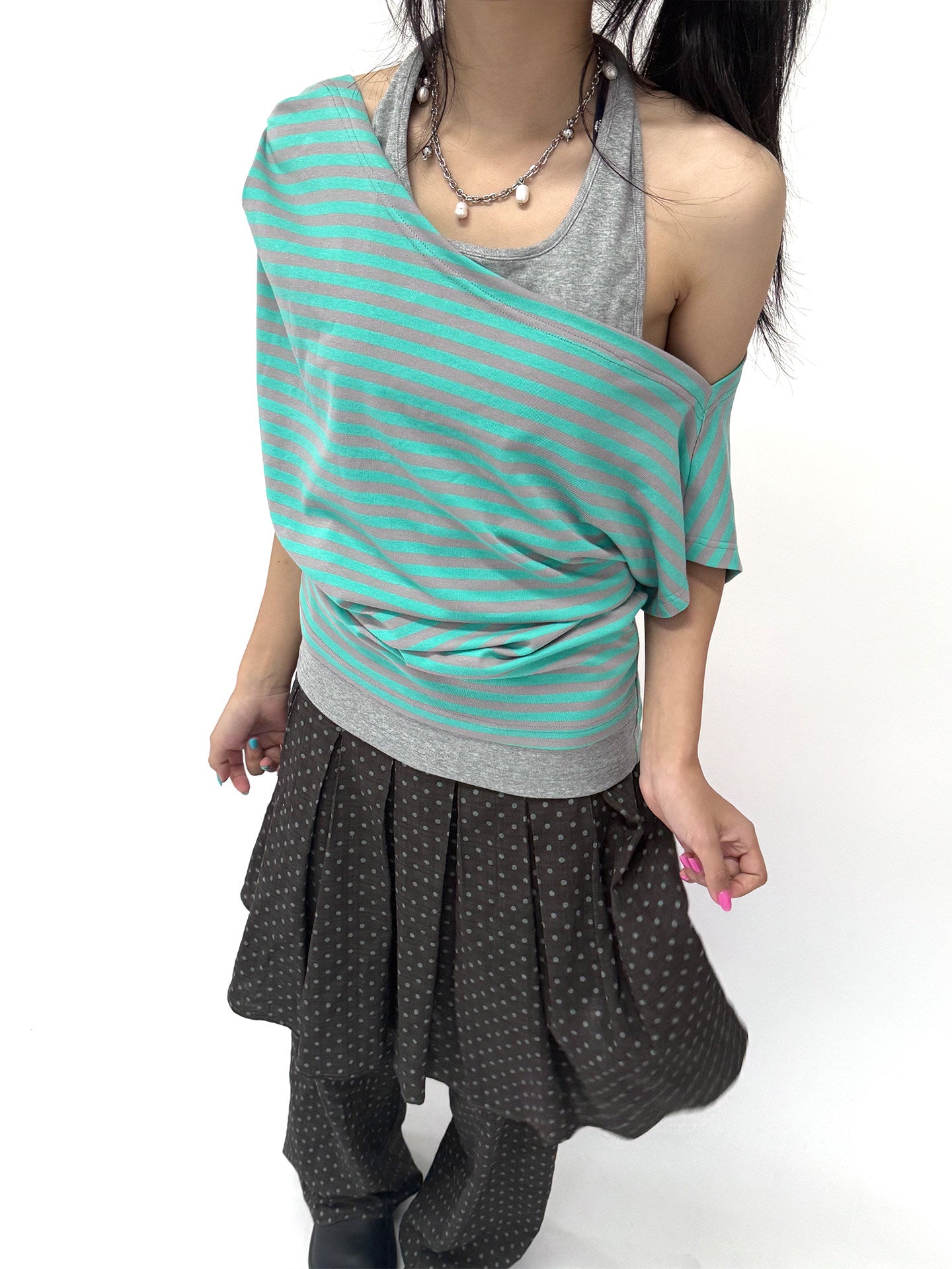 Mint Stripe Off-Shoulder Layered Halter Tee