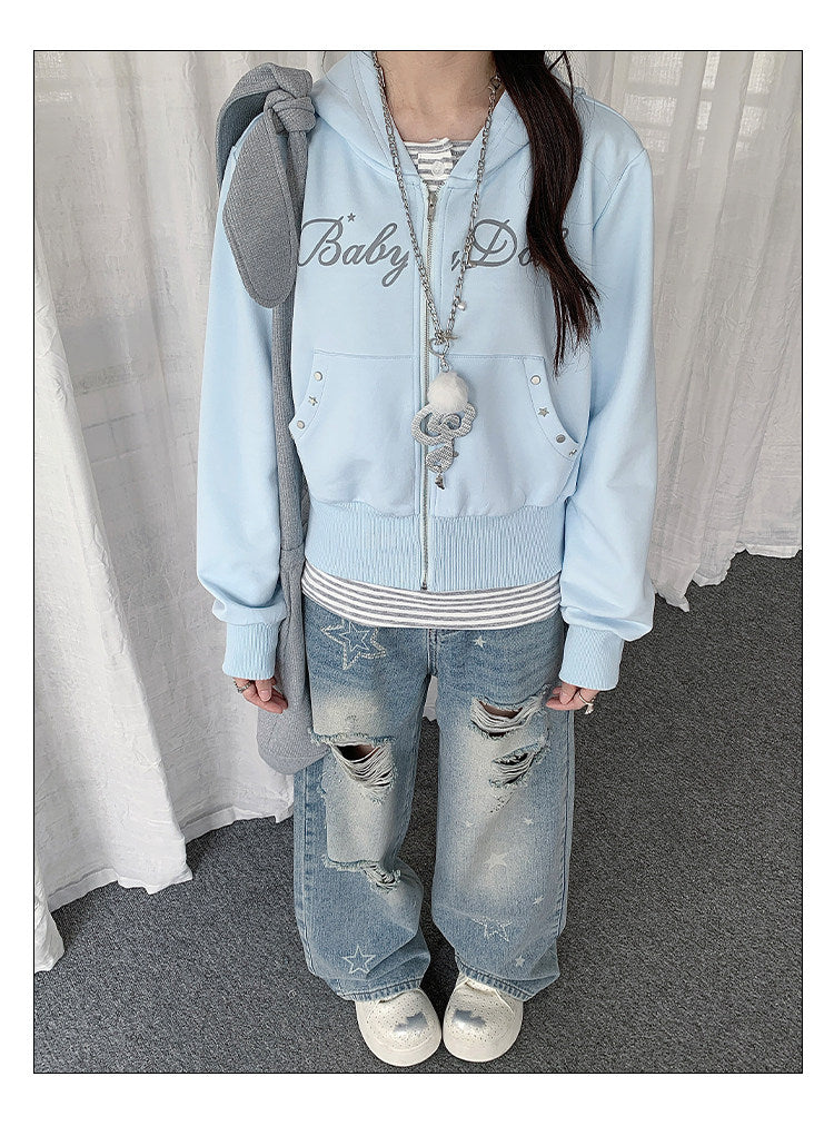 Baby Blue Studded Letter Cropped Zip Hoodie