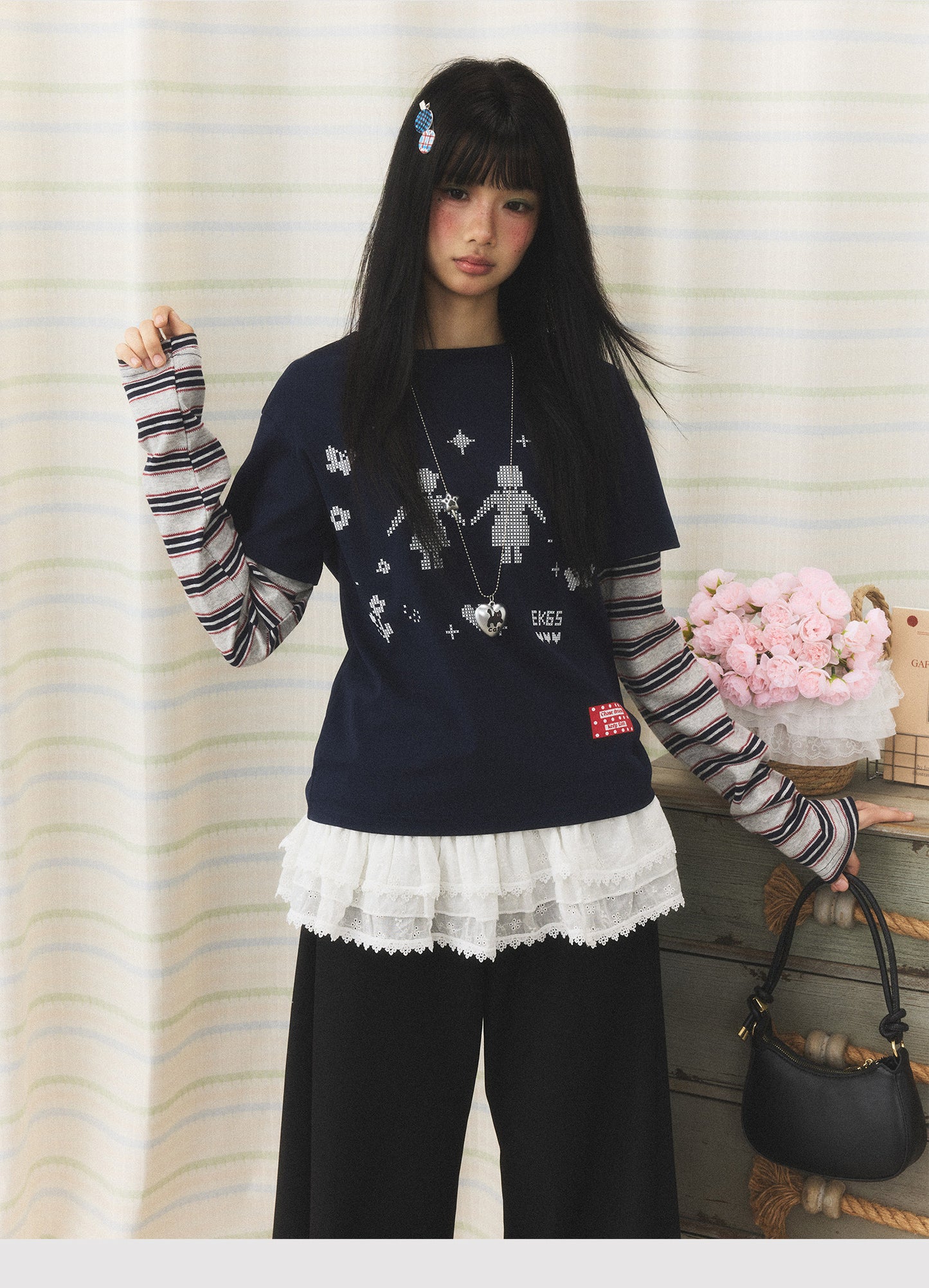 Navy Pixel Girl Stripe Faux-Layer Long-Sleeve Tee