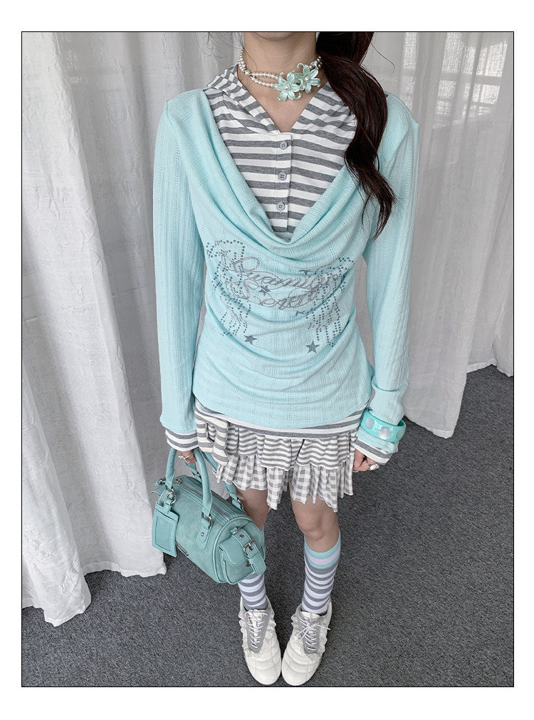 Draped Stripe-Collar Faux-Layer Long-Sleeve Top