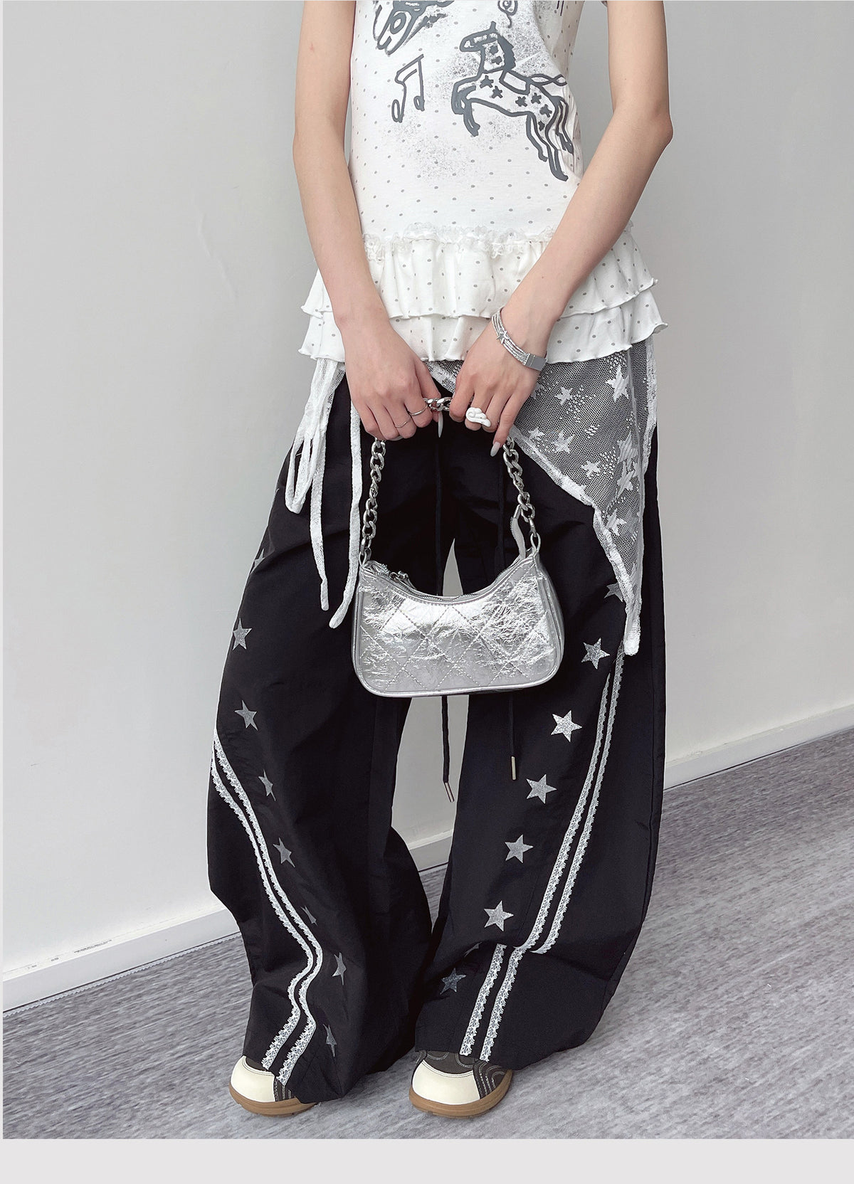 Star Lace Overlay Wide-Leg Parachute Pants