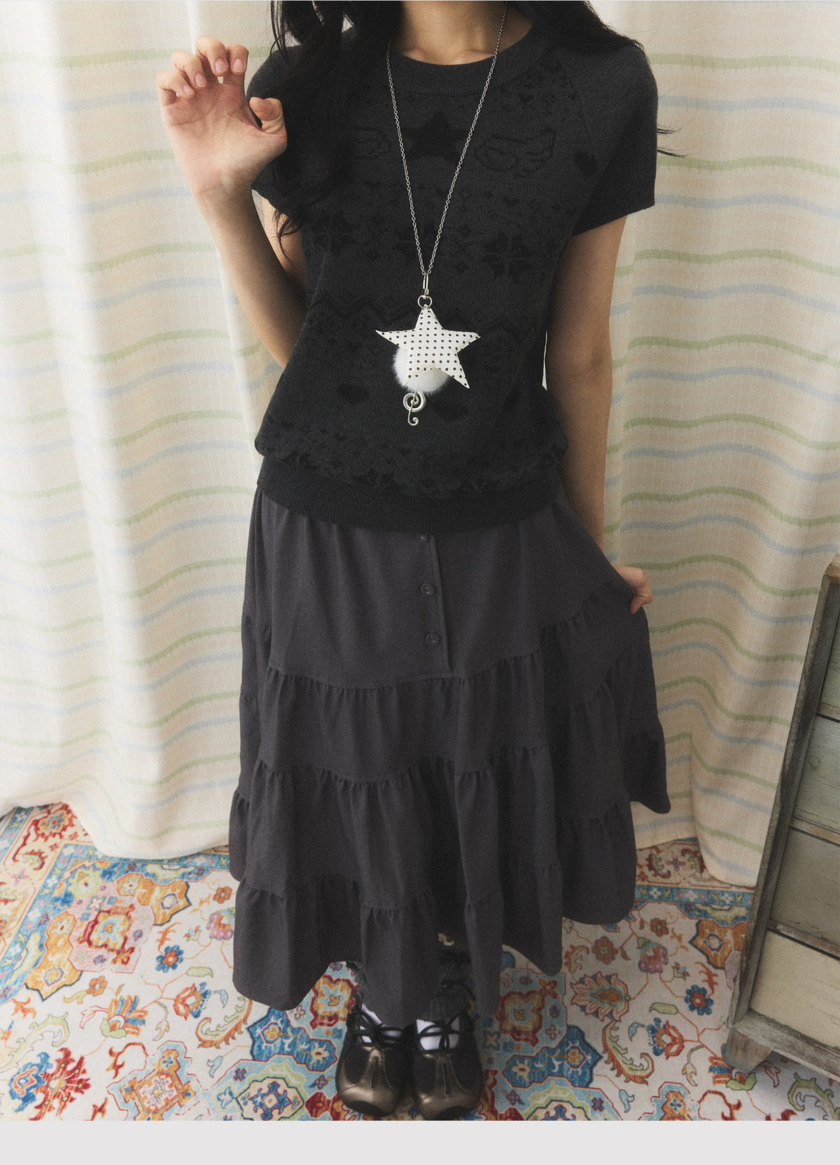 Vintage Jacquard Knit Short Sleeve Top