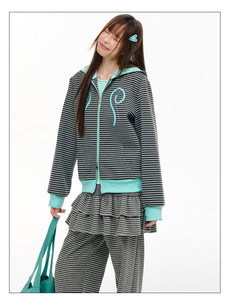 Mint Contrast Stripe Double-Zip Hoodie