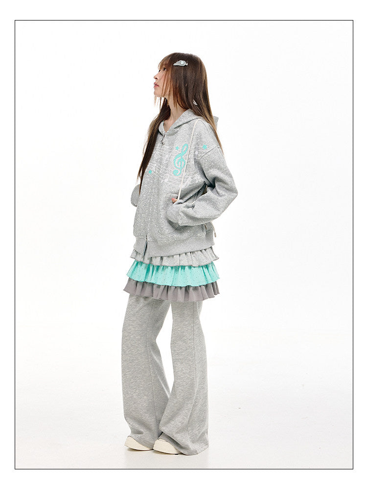 Gray Melody Polka Dot Graphic Zip Hoodie