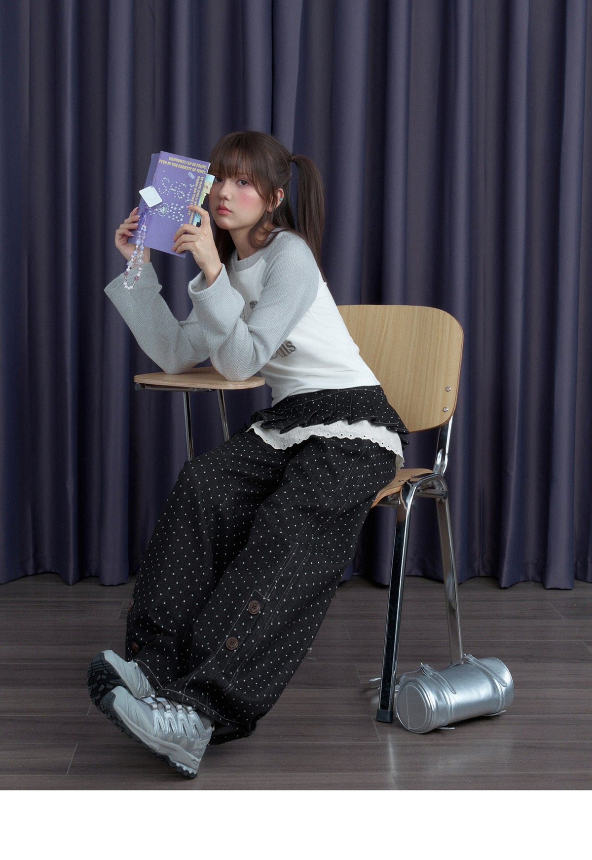Polka Dot Wide-Leg Jeans & Detachable Lace Layering Skirt