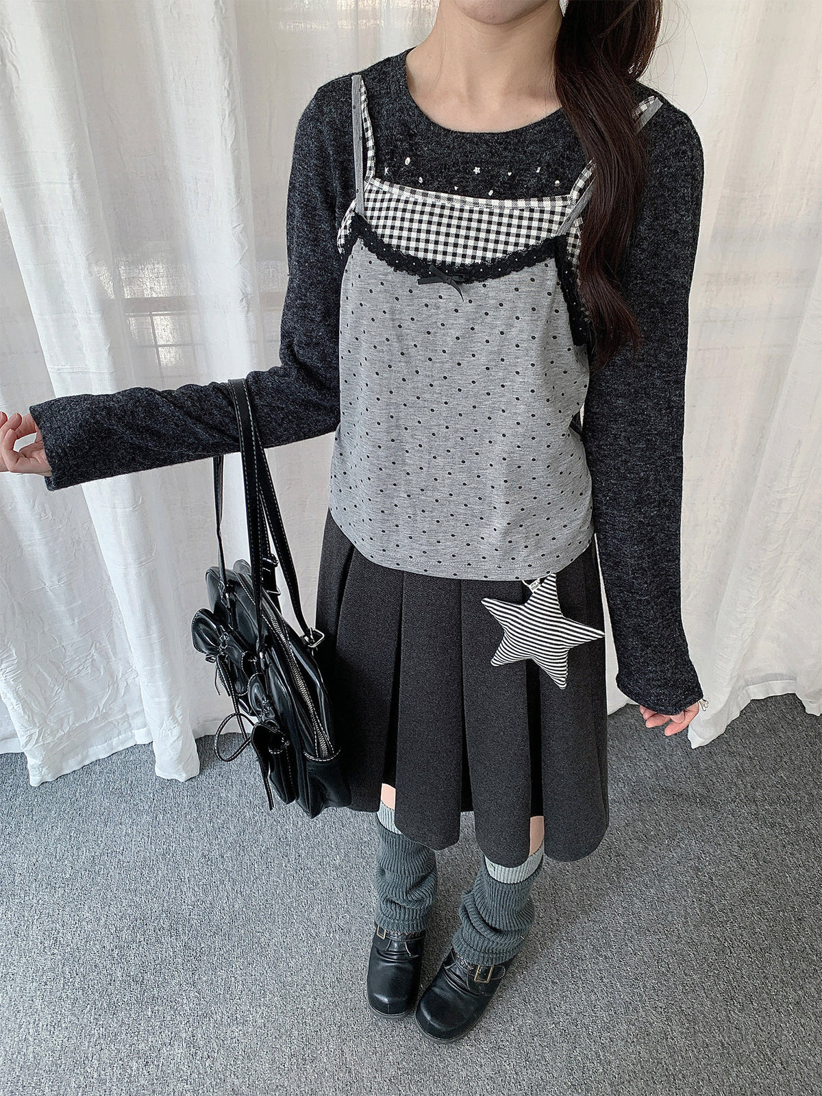 Black Gray Layered Gingham Cami Long Sleeve Top