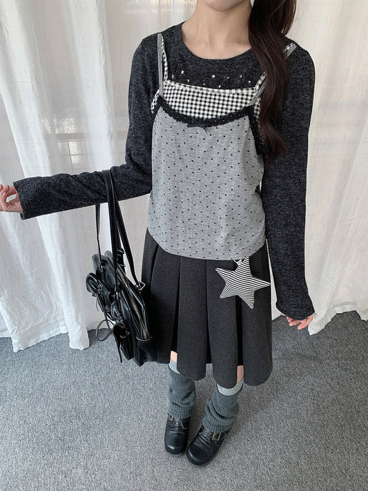 Black Gray Layered Gingham Cami Long Sleeve Top