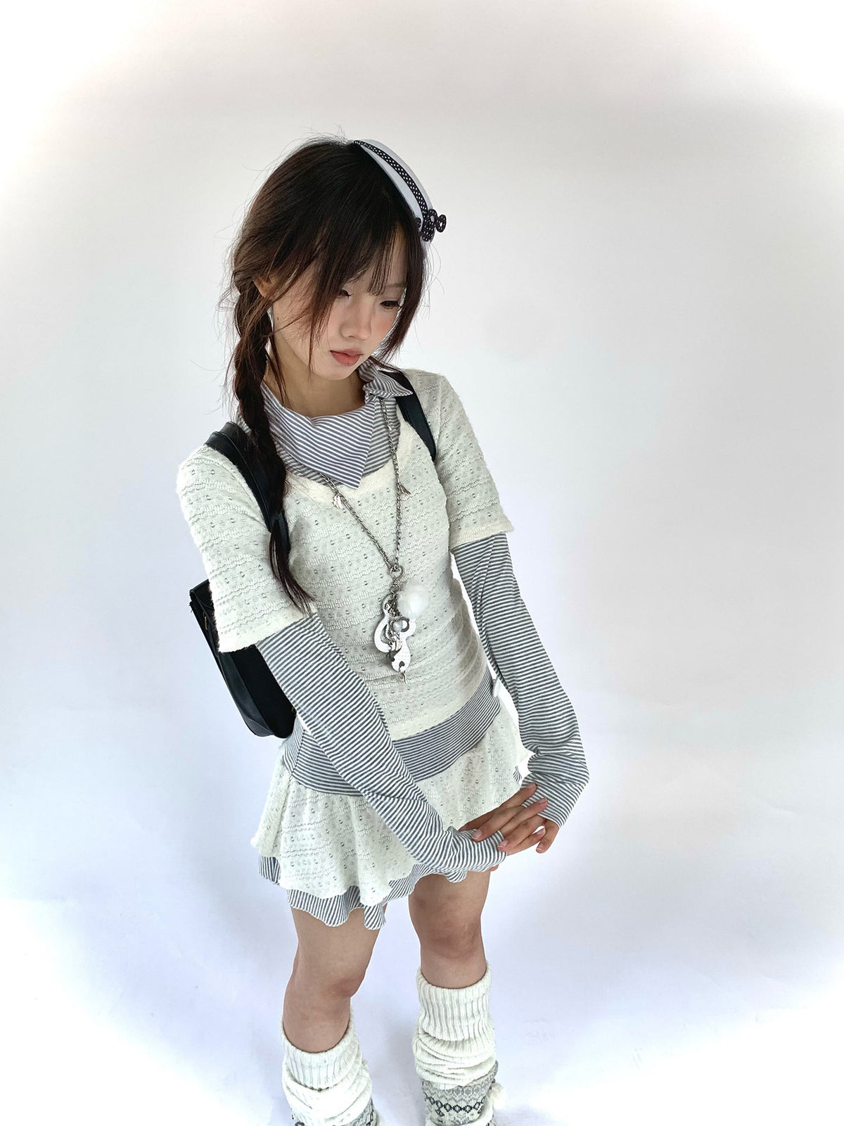 Milk Mist Lace & Stripe Faux-Layer Mini Dress
