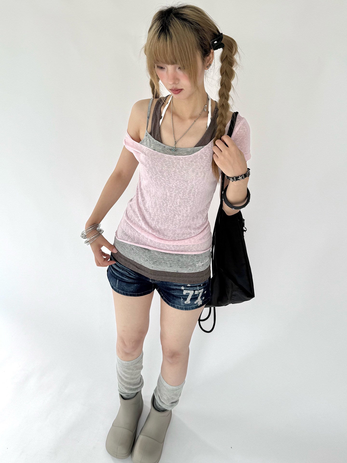 Pink Gray Triple-Layer Fitted Tee