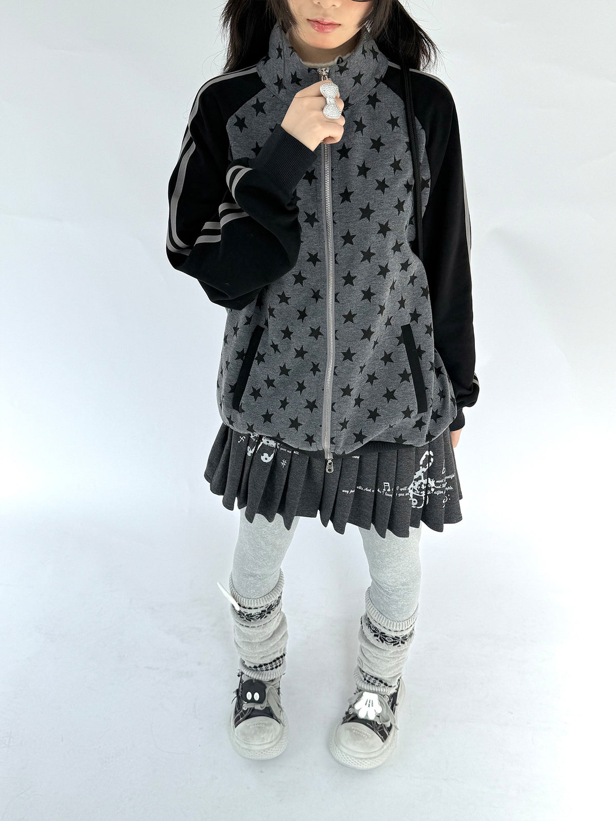 Charcoal Star Double-Zip Mock Neck Jacket