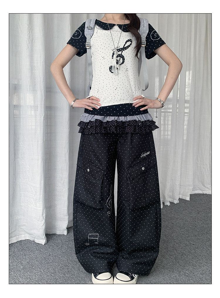 Polka Dot Music Note Embroidered Cargo Pants