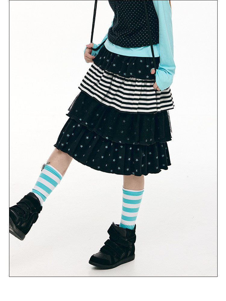 Star Stripe Tiered Ruffle Midi Skirt