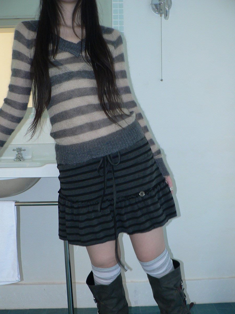 Striped Pleated Tie-Waist Mini Skirt