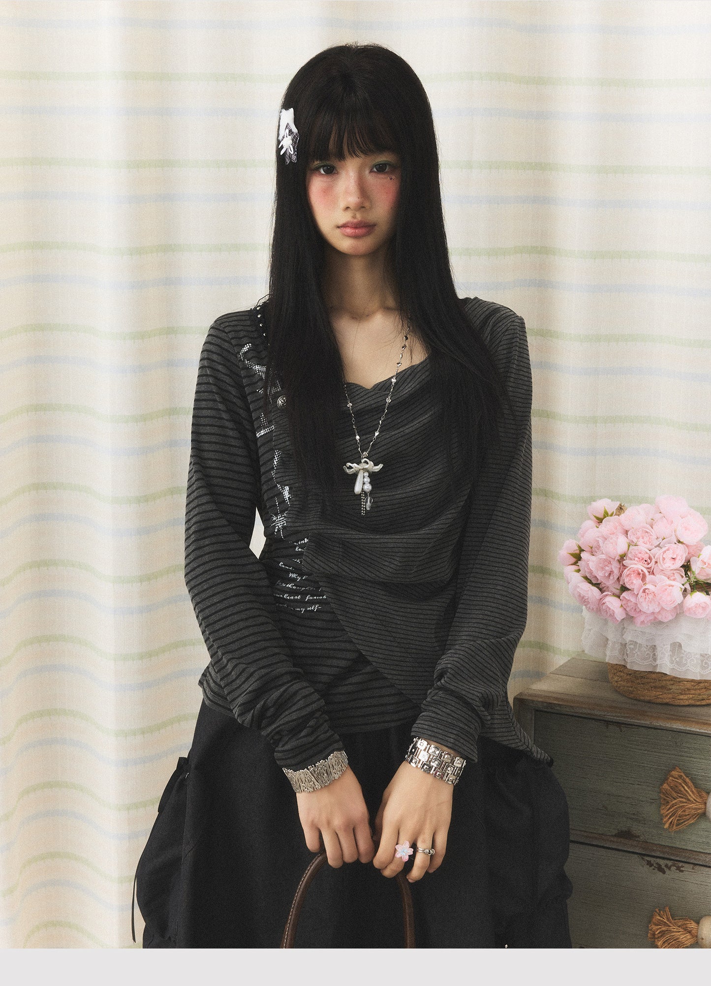 Charcoal Stripe Studded Draped-Neck Long-Sleeve Top