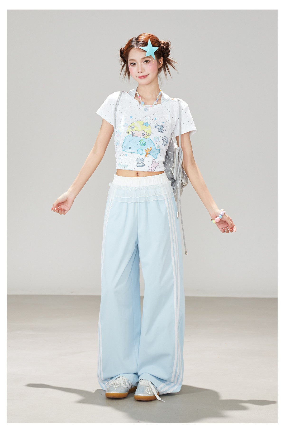 Ruffle Waist Side Stripe Wide-Leg Pants