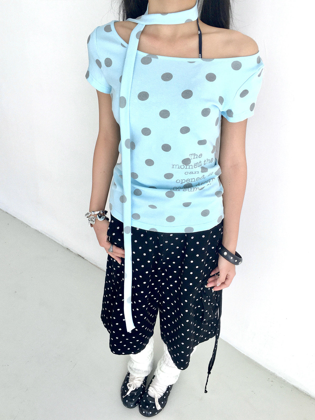 Polka Dot Scarf Short Sleeve Top