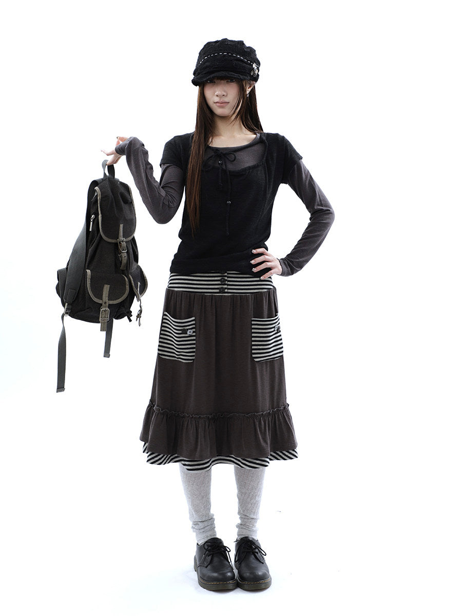 Striped Pocket Ruffle Layered Midi Skirt