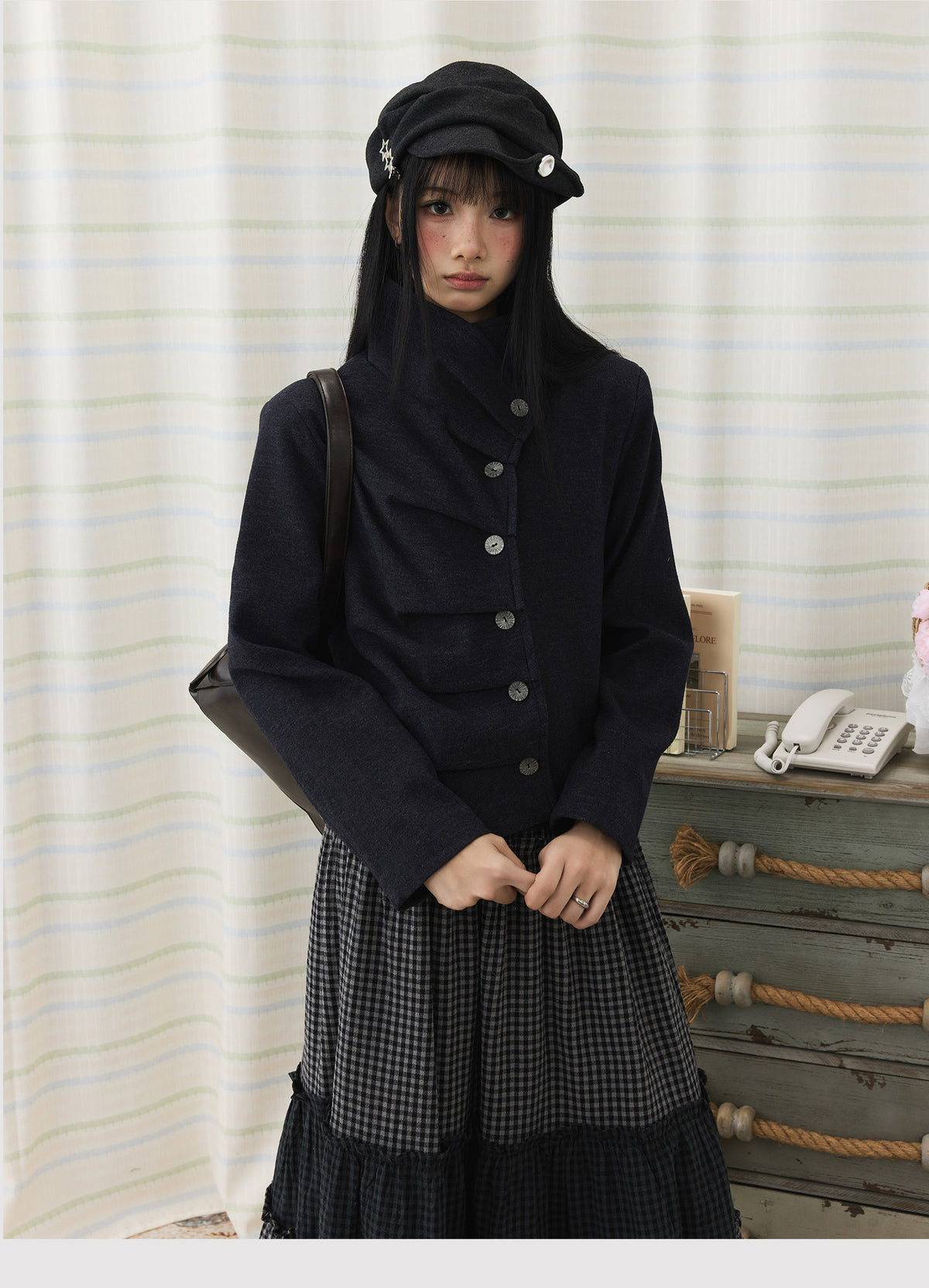 Asymmetric Pleated Collar Cropped Button Jacket