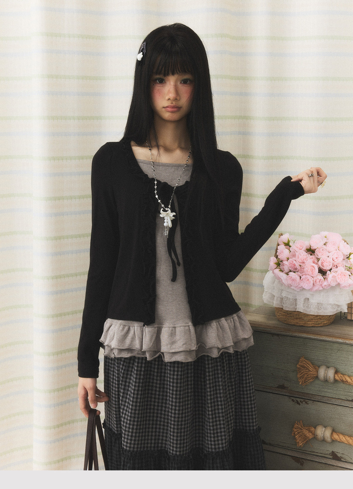 Ruffle Hem Tie-Front Faux-Layered Long Sleeve Top