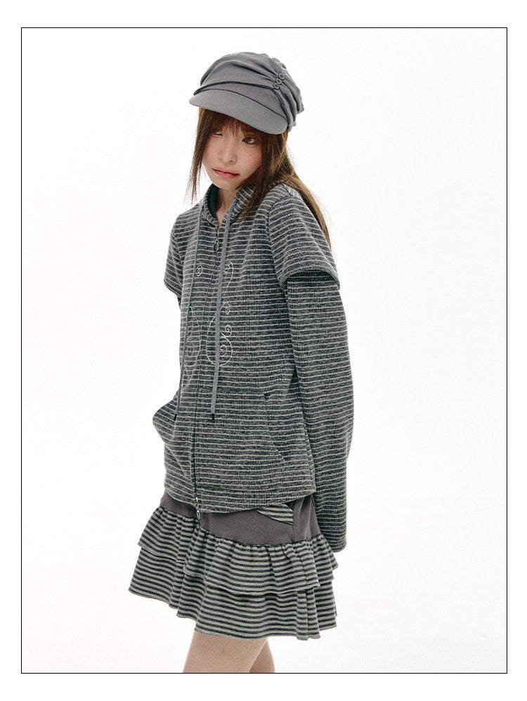 Charcoal Stripe Music Note Faux-Layer Zip Hoodie
