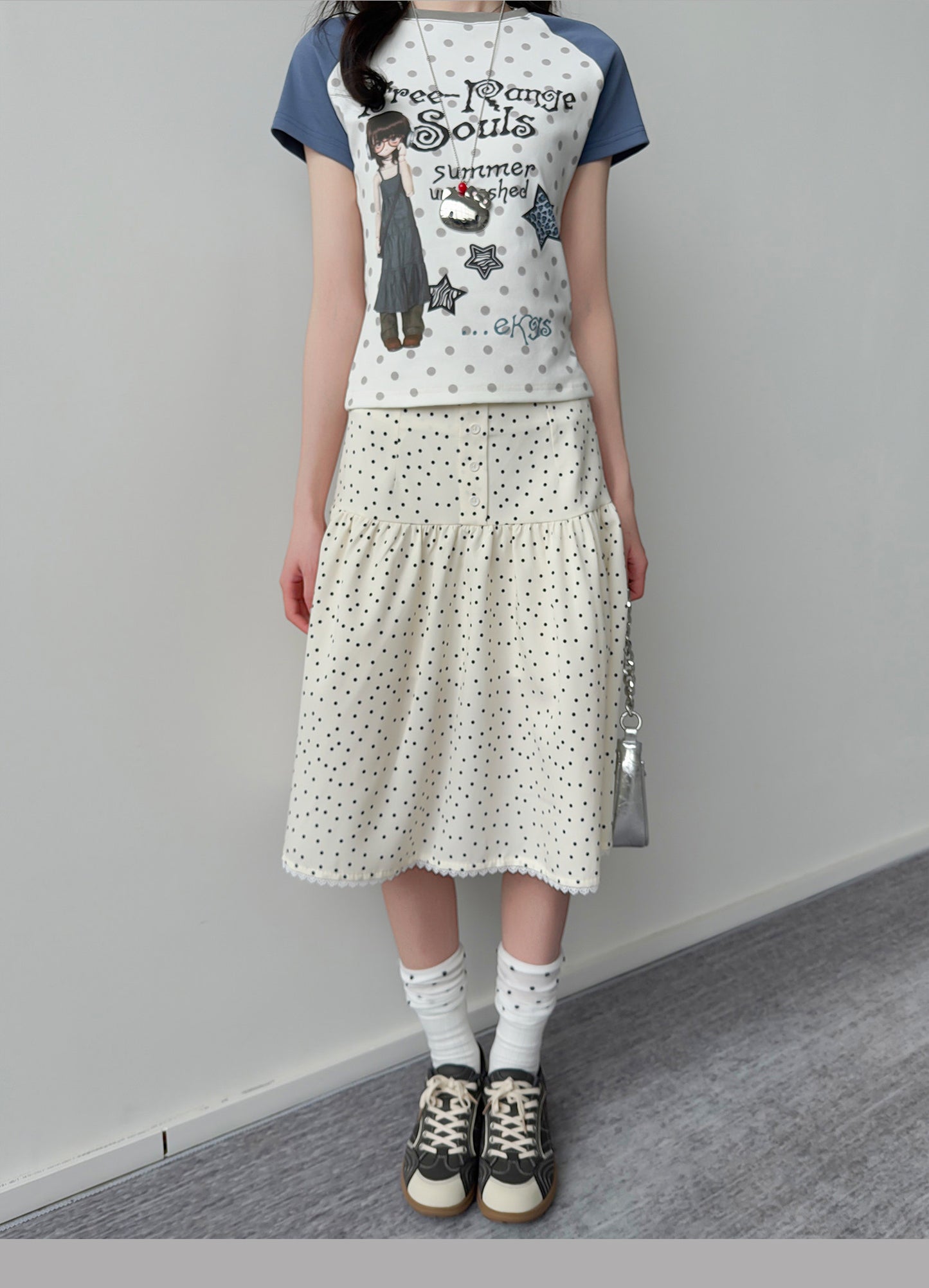 Polka Dot Button Tiered Midi Skirt