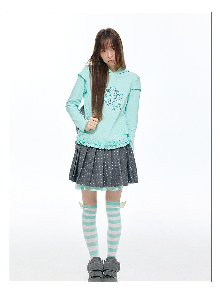 Rhinestone Graphic Faux-Layer Ruffle-Hem Hoodie