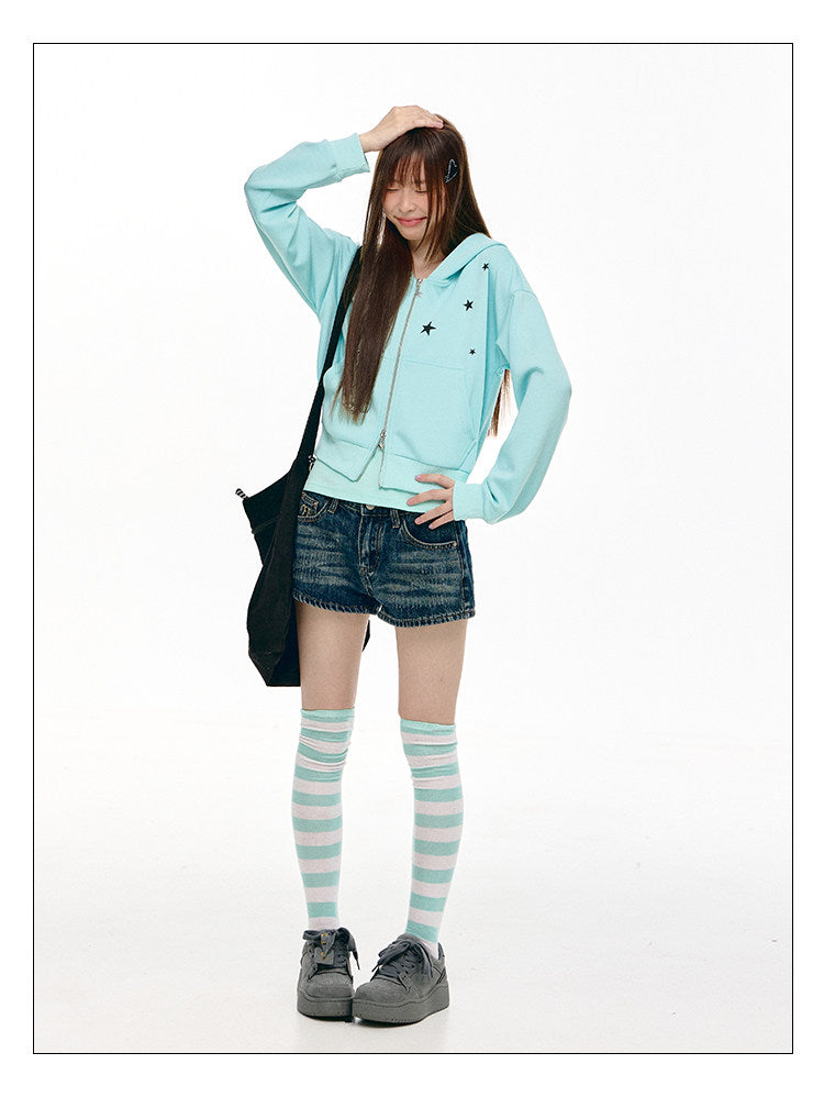 Mint Star Double-Zip Cropped Hoodie