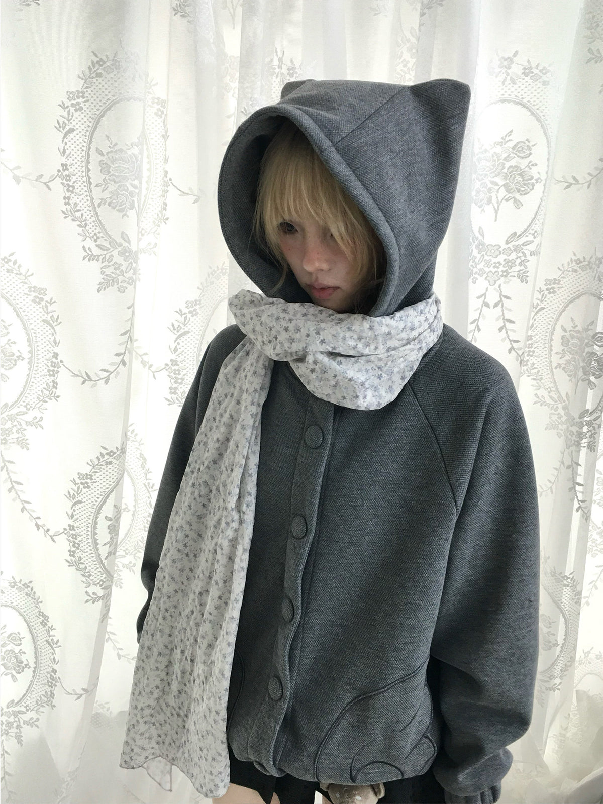 Cloud Gray Cat Ear Wing Pocket Hooded Jacket
