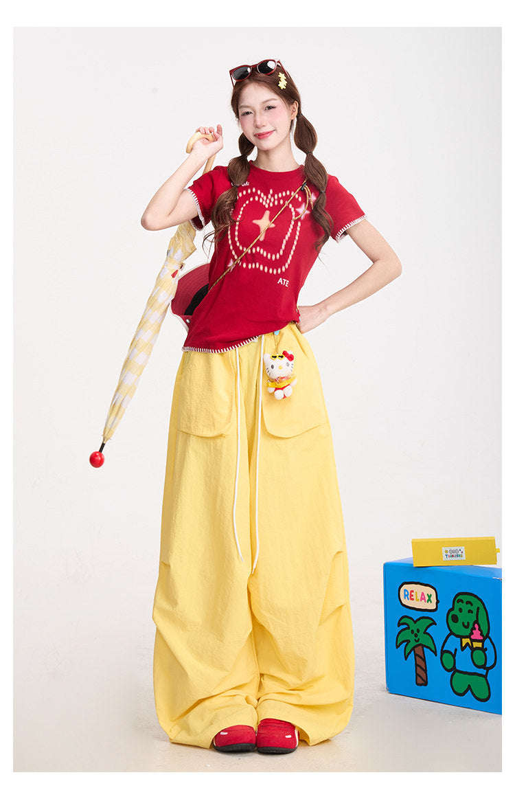 Red Star Baby Tee & Yellow Wide-Leg Pants