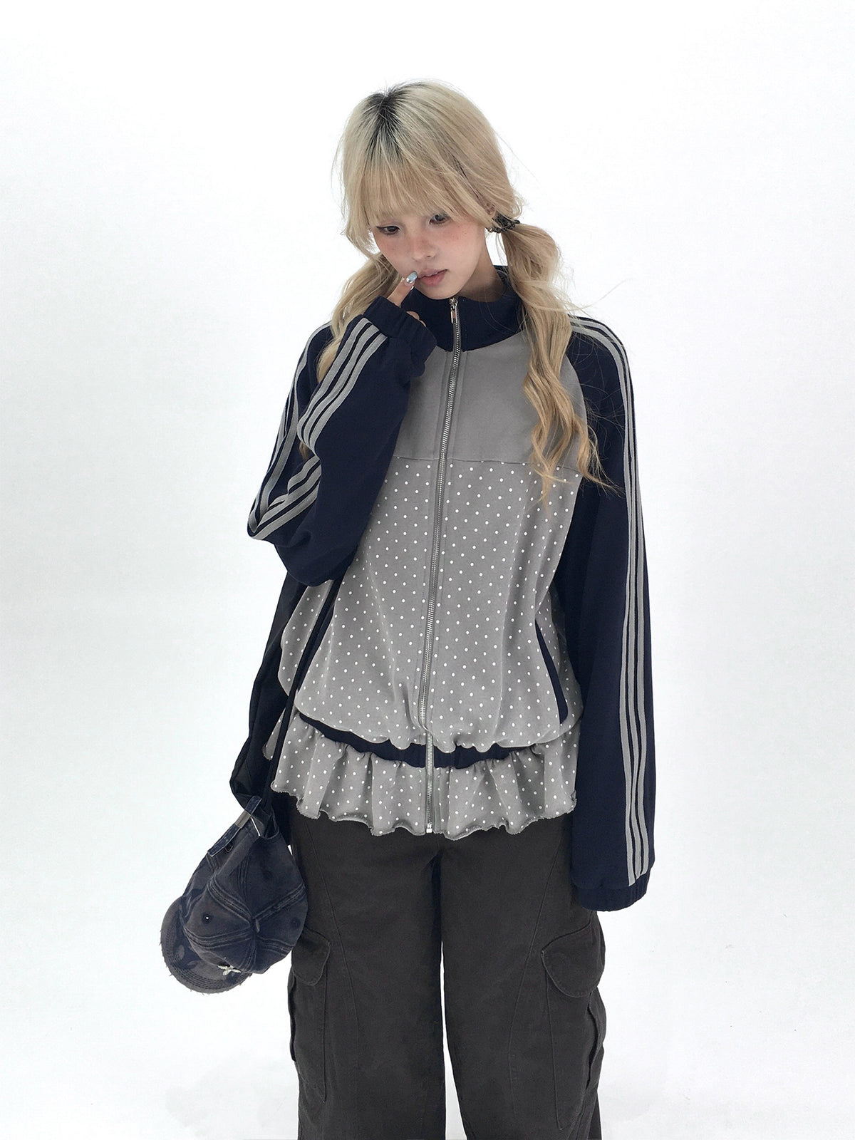 Gray Polka Dot Triple-Stripe Ruffle Zip Jacket