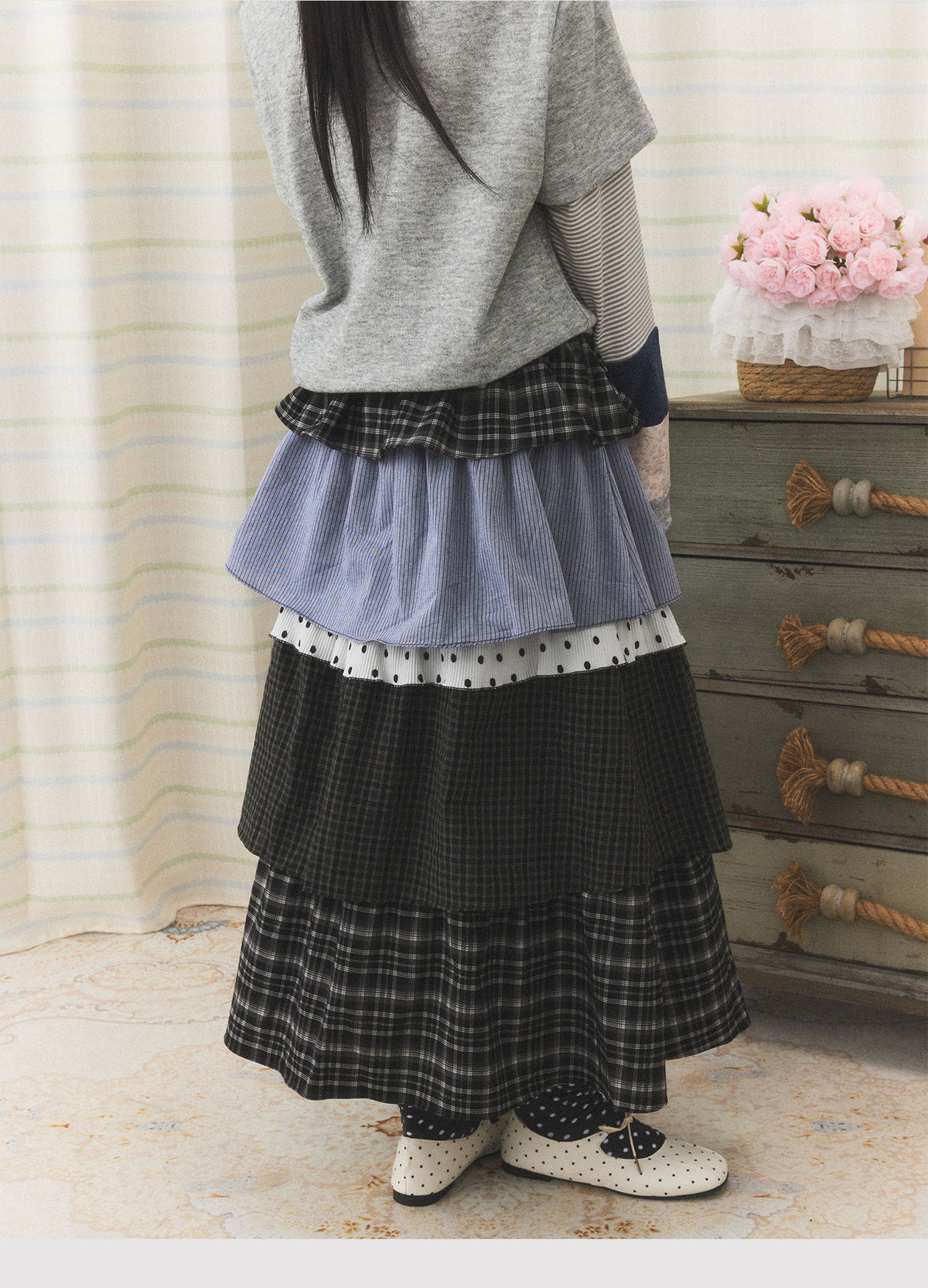 Mixed Plaid Tiered Patchwork Midi Skirt