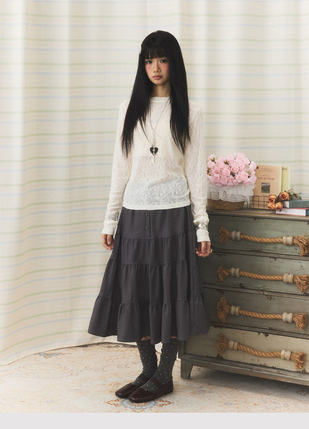 Floral Lace Long Sleeve & Jacquard Knit Short Sleeve Top