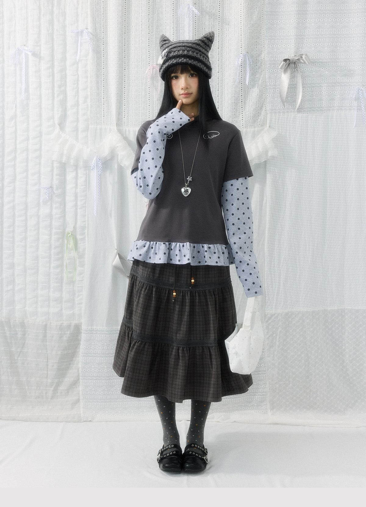 Angel Wing Polka-Dot Layered Hooded Long Sleeve Top