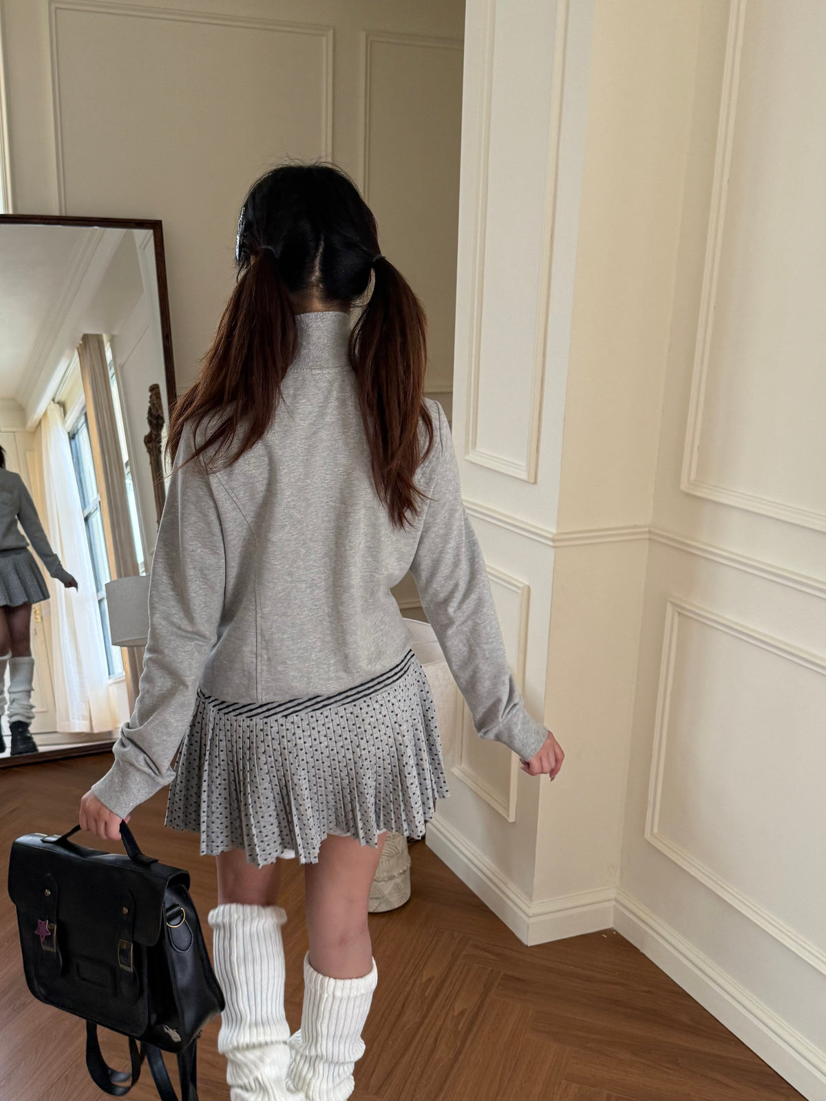 Gray Polka Dot Striped Pleated Knit Mini Skirt