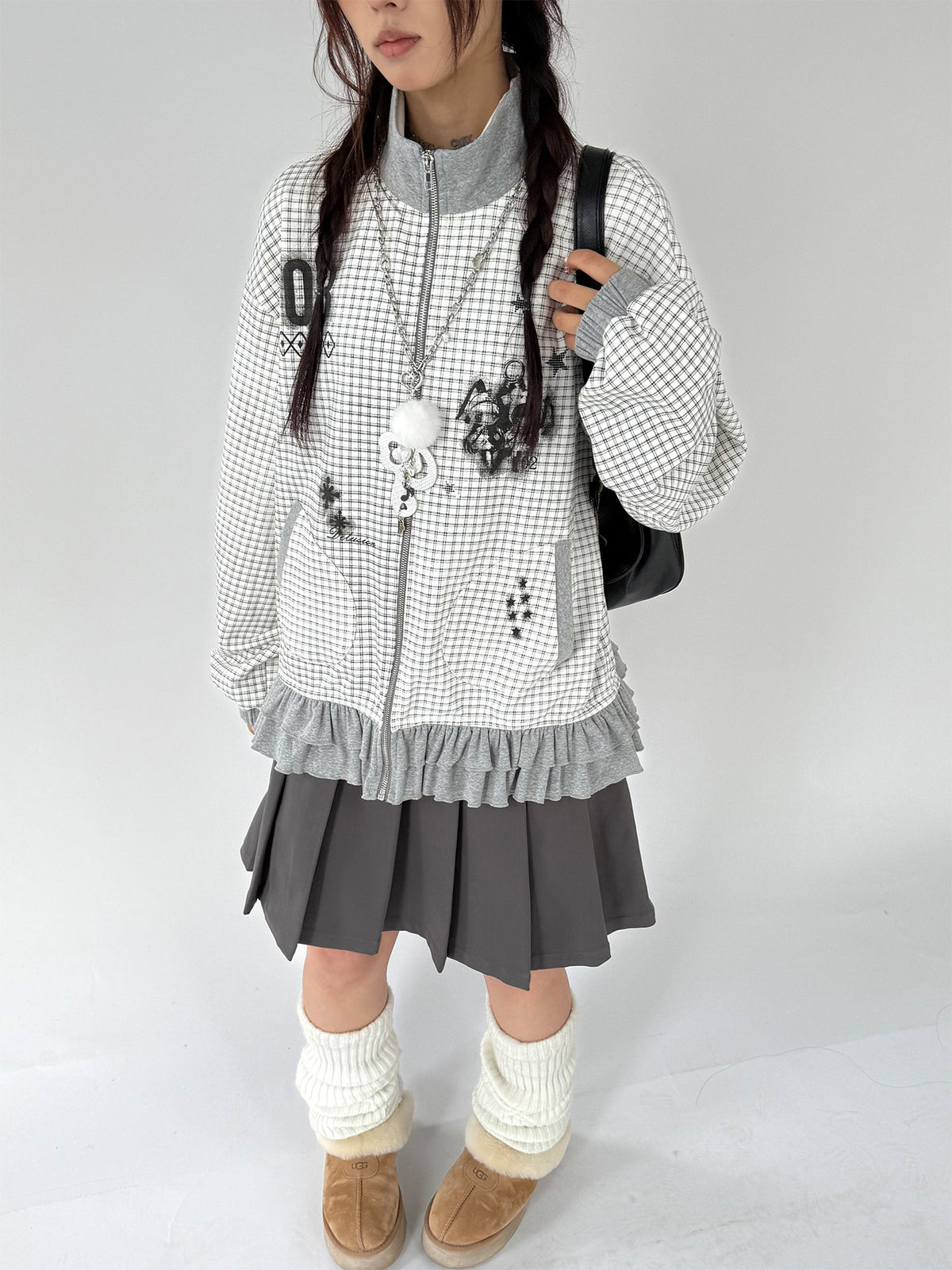 Sugar Check Graphic Ruffle-Hem Zip-Up Jacket