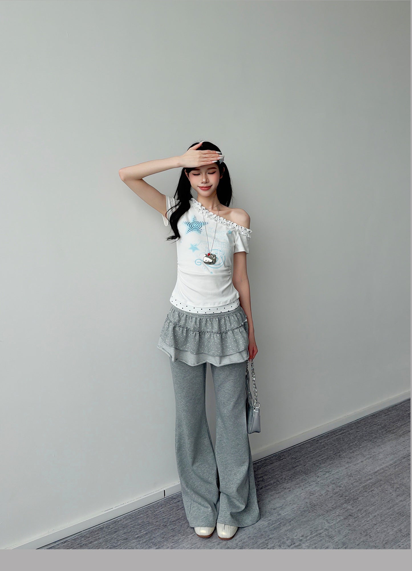 Blue Star Polka Dot Ruffle One-Shoulder Tee