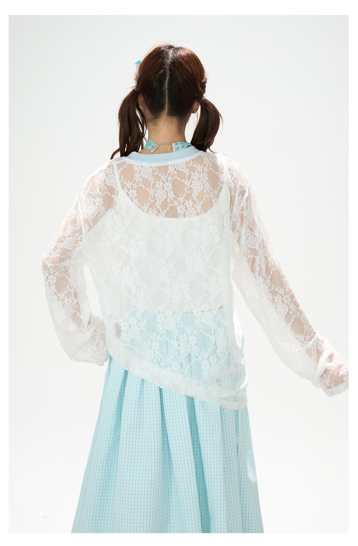 Bunny Sheer Lace Long Sleeve Top & Mint Plaid A-Line Skirt