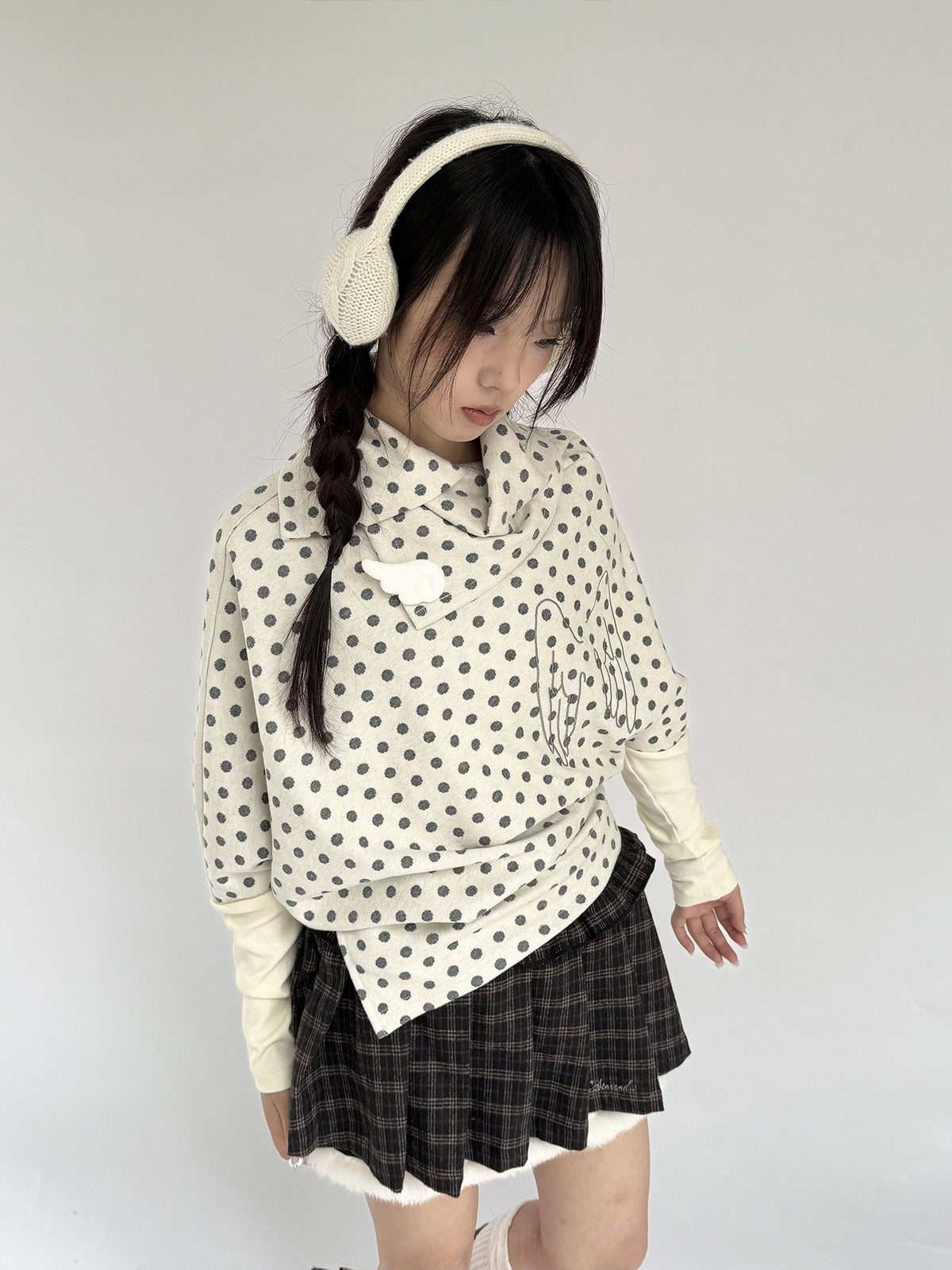 Buttercream Polka Dot Angel Wing Asymmetric Knit Sweater