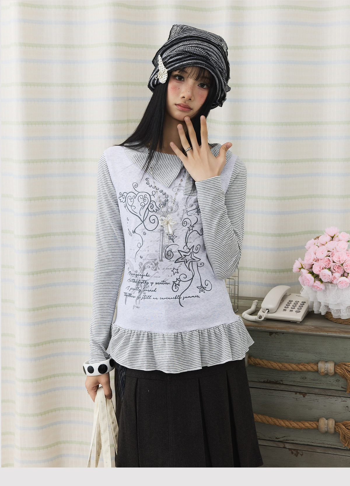 Graphic Stripe Faux-Layer Ruffle-Hem Long Sleeve Top