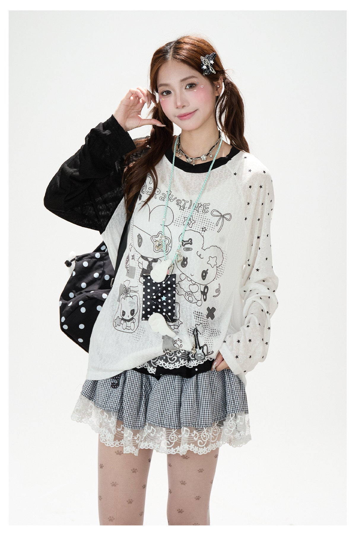Cartoon Star Sheer Long Sleeve Top & Black Music Lace Gingham Mini Skirt